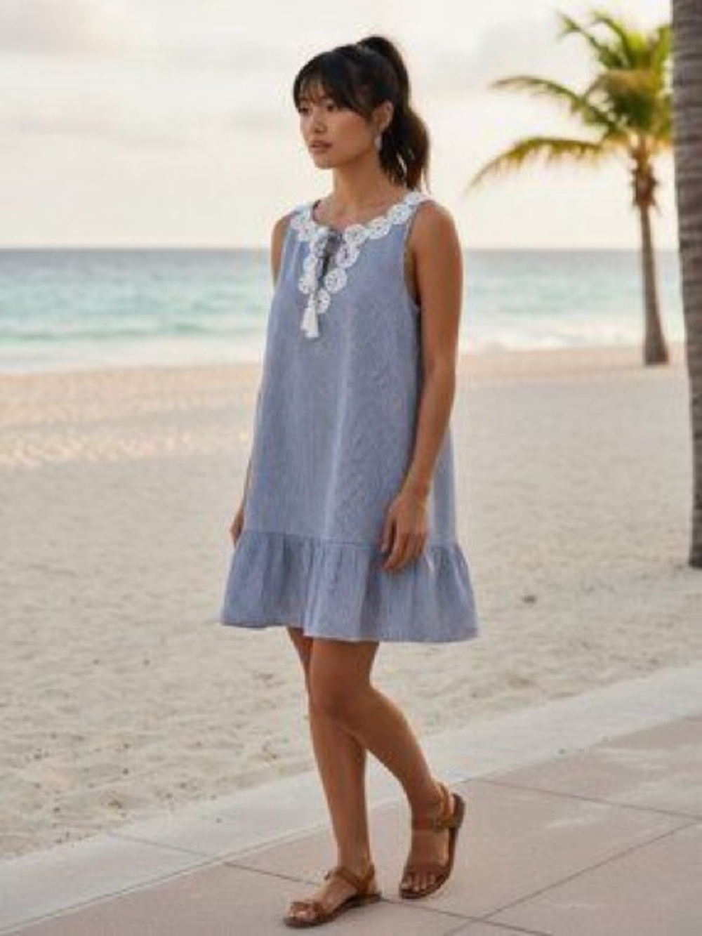 Sail to Sable Sleeveless Tunic Dress Blue Stripe Crochet Tassel NWT L